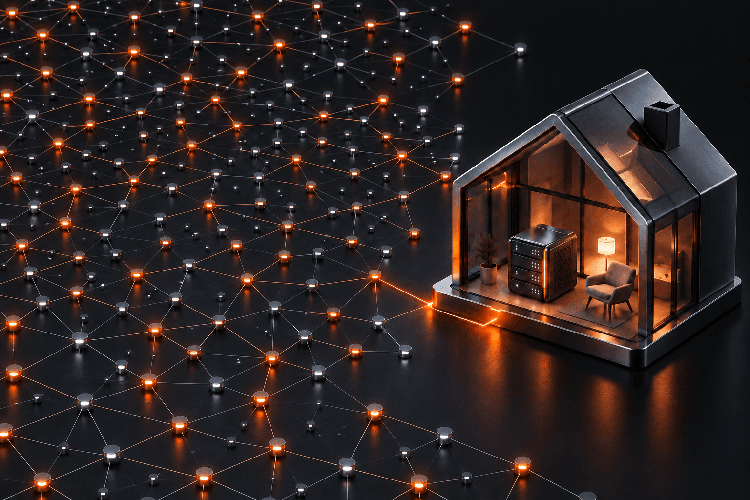 A decentralized peer network extending beyond the frame, connected to a homeserver inside a home.